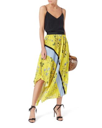 Self Portrait Yellow Asymmetric Pleated Floral Skirt Size S