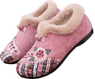 Generic Womens Warm Floral Embroidered Winter Shoes,Warms Fur Lined Floral Embroidereds Ankle Bootie,Womens Winter Ankle Boots Embroidered Shoes,Women Warm Wi