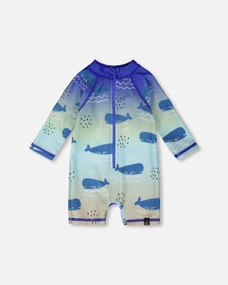 Deux par Deux One-Piece Long Sleeve Whale Print Rashguard in Blue Whale Print at Nordstrom, Size 12-18M