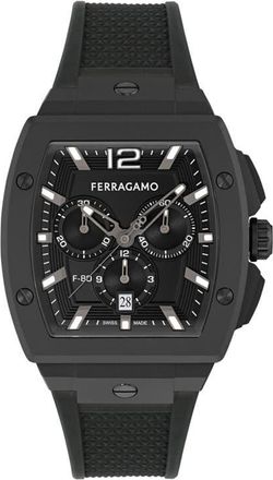 Ferragamo F-80 Tonneau Chronograph Silicone Strap Watch, mmx 42mm in Black Aluminum at Nordstrom