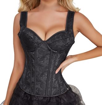 Generic Womens Breathable Bodysuits Tummy Control Slimming Womens Lace Up Vintage Boned Bustier Corset with Garters Lace Up Boned Overbust Corset Bustier Ling