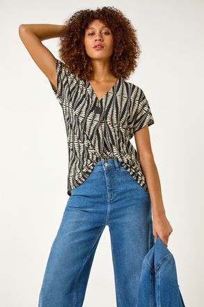 Roman Abstract Print Front Pleat Stretch Top