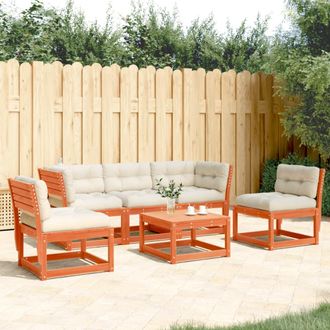 vidaXL Set De Sof&aacute;s Jard&iacute;n 5 Pzas Con Cojines Madera Pino Marr&oacute;n Cera Vidaxl