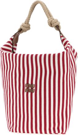 Miu Miu Womens Striped Canvas Bucket Bag Red