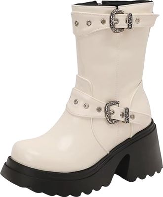 Generic Womens Mid Calf Boots Round Toe Super High Stout Heel Platform With Functional Side Zipper And Belt Clip Details