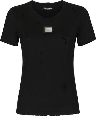 Dolce & Gabbana Womens Worn Effect T-shirt - Black Cotton - Size EU 38 (Womens)