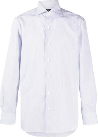 Finamore Gestreken Katoenen Overhemd - Heren - Zakelijke Overhemden - Blauw - XL - Katoen - Overhemden
