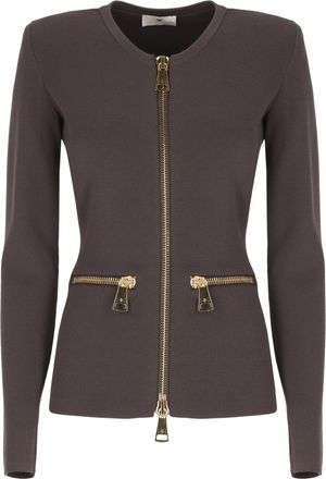Elisabetta Franchi Structured Brown Elastic Sweater with Maxi Gold Zippers