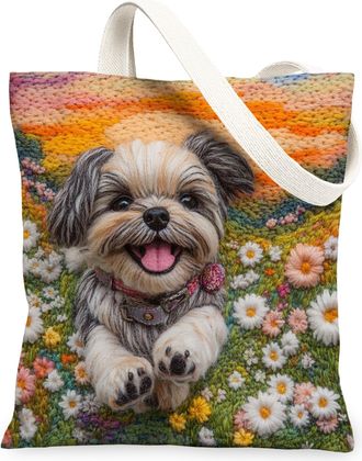 Generic Spring Bloodhound Dog Canvas Tote Bag for Shopping 13x15, Knitting Style Garden Puppy Reusable Grocery Print Bag for Women, Fun Pet Beach Aesthetic Pa