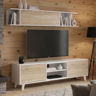 Dmora Dmora - Pared De Almacenamiento Darcole, Mueble De Tv Para Sal&oacute;n, Composici&oacute;n De Sal&oacute;n Con Mueble Alto, 180x41h51 Cm, Blanco Y Roble