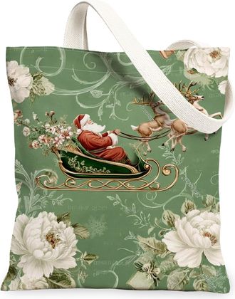 Generic Christmas Floral Canvas Tote Bags, Vintage Elegant Design Reusable Grocery Bags, Lightweight Washable Shoulder Strap Canvas for Holiday Travel Beach P