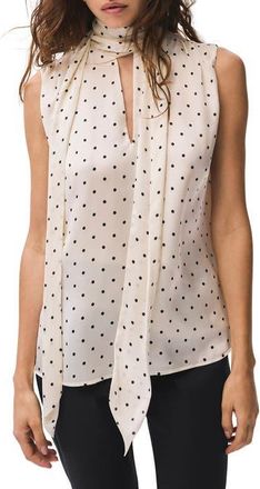 Mint Velvet Polka Dot Tie Neck Top in Cream at Nordstrom, Size 14