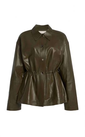 Lafayette 148 New York Womens Lambskin Leather Gathered-Waist Jacket In Garland Green