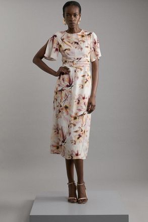 Karen Millen Abstract Floral Satin Crepe Woven Midi Dress