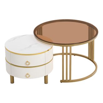 STILVORA Tavolini Da Caff&egrave; A Nido Rotondi Con 2 Cassetti, Piano Bianco Lucido E Vetro Temperato Marrone, In Mdf, Bianco, 70&times;70&times;45 + 50&times;50&times;40 Cm