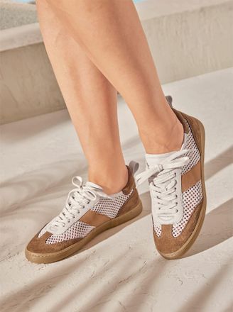 Heine Sneaker HEINE, Damen, Gr. 39, cognac, wei&szlig;, Glattleder, Leder, Rindsleder, Synthetik, Veloursleder, Schuhe Sneaker