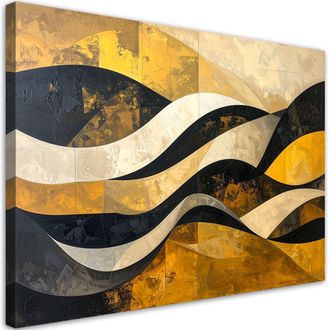 Feeby Cuadro En Lienzo, Abstracci&oacute;n L&iacute;neas Formas Amarillo Negro Dorado, 120x80