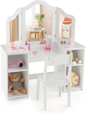 Costway Costway - Juego De Tocador Infantil Con Espejo Y Silla, Conjunto 2 En 1 De Tocador De Maquillaje De Princesa Con Espejo Tri-plegable Removible, 4 Comp