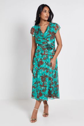 Wallis Womens PETITE FLORAL BURN OUT CORSAGE MIDI DRESS - Green - Size 10 UK