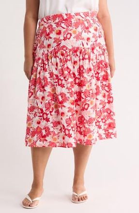 Caslon Cotton Gauze Tiered Midi Skirt in Ivory- Red G Palm Floral at Nordstrom Rack, Size 3 X