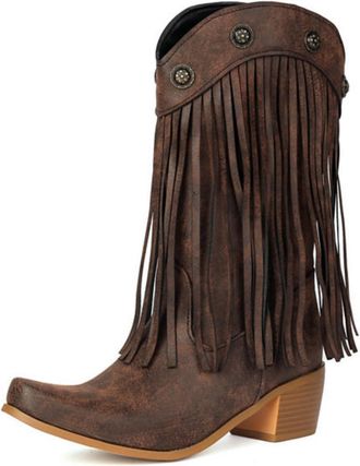 Generic Womens Vintage Cowboy Boots with Chunky Block Heel, Western Fringe and Studded Accents for Country Style,Brown,11 UK