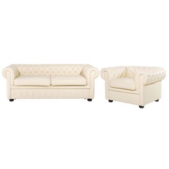 Beliani Conjunto De Sof&aacute;s Para Sal&oacute;n Chesterfield Tapizado En Cuero Crema Con Patas De Madera Oscura Sof&aacute; 3 Plazas Y Un Sill&oacute;n Chesterfield