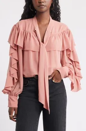 Treasure & Bond Tie Neck Ruffle Chiffon Top in Pink Desert at Nordstrom Rack, Size Xx-Small