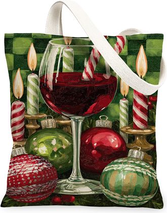 Generic Christmas Vintage Canvas Tote Bags, Holiday Ornament Pattern Reusable Grocery Bags, Festive Lightweight Washable Shoulder Strap Canvas for Party Outdo