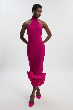 Karen Millen Ruffle Hem Halter Knit Midi Dress in Magenta at Nordstrom, Size X-Small