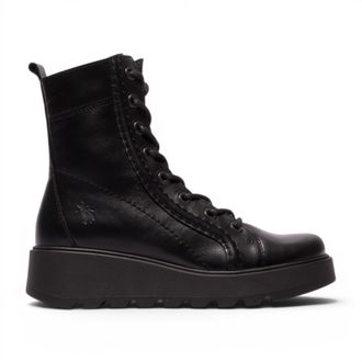 FLY London dames zwarte leren veterschoenen met wedge-hiel gevechtslaarzen - TERY554