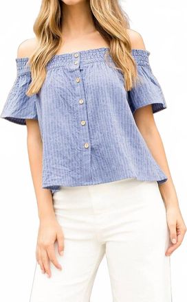 THML Clothing Stripe Button Down Off Shoulder Top In Dusty Blue