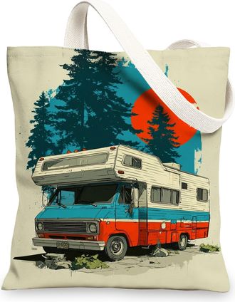 Generic Vintage RV Canvas Tote Bags, Artistic Motorhome Pattern Reusable Grocery Bags, Lightweight Washable Shoulder Strap Canvas Bags for Outdoor Travel Beac