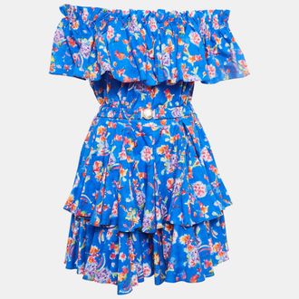 Caroline Constas Blue Printed Cotton Blend Ruffled Mini Dress