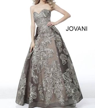 Jovani Pleated Strapless Evening A Line Dress In Black Nude