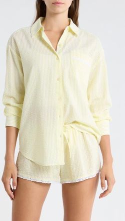 Open Edit Eyelet Trim Seersucker Cotton Pajama Top in White- Yellow Hickory Stripe at Nordstrom, Size X-Large