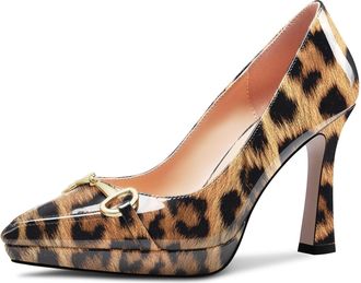 Castamere Womens High Platform Heel Pointed Toe Slip-on Metal Chain Pumps Court Shoe Wedding Office Casual 10 CM Heels Brown Leopard 10 UK