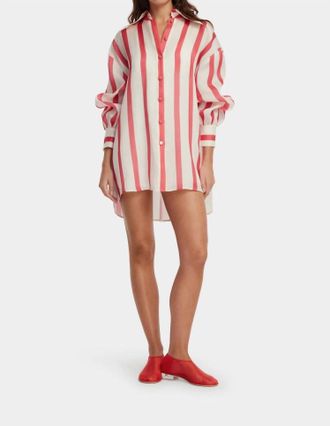 LEO LIN Stripe Shirt Dress In Scarlett