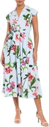 London Times Floral Print Belted Midi Shirtdress in Blue/Coral at Nordstrom Rack, Size Medium P