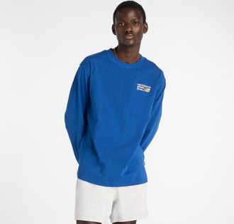 New Balance Mens Athletics Premium Back Logo Long Sleeve in Blue Cotton, size 2X-Large