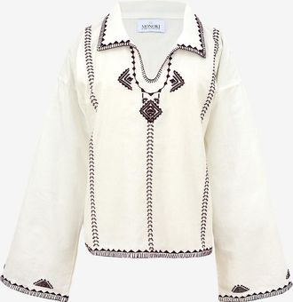 Monoki Bestickte V-Ausschnitt Bluse aus Leinwand Eduardo