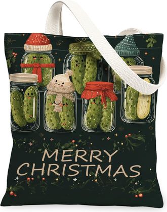 Generic Christmas Pickle Canvas Tote Bags, Cute Vegetable Design Reusable Grocery Bags, Holiday Lightweight Washable Shoulder Strap, Green, 13x15 Inch