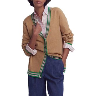 Boden Longline Cotton & Cashmere V-Neck Cardigan in Camel Melange at Nordstrom, Size Medium