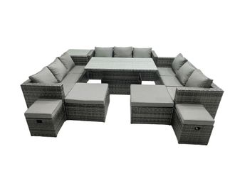 Fimous Rattan Dining Table Sofa Set with Side Table 4 Stools Outdoor 13 Seat in Dark Grey