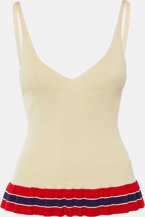 Sandro Beige Striped Rib Knit Ruffled Top