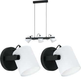 Loops Ceiling Pendant Light & 2x Matching Wall Lights Black & White Adjustable Shade