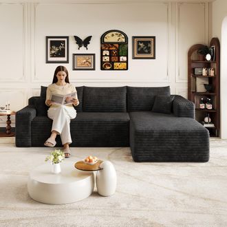 STILVORA Divano Modulare 3 Posti In Velluto A Coste Con Chaise Longue A Destra, Senza Montaggio, Nero