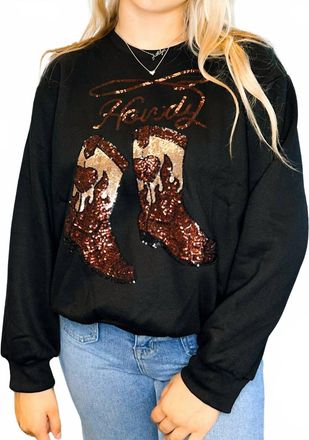 She + Sky Long Sleeve Sequin Cowboy Boots Patch Sweatshirt Top In Black