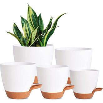 OEM Juego De 5 Macetas De Pl&aacute;stico Con Autorriego Y Orificio De Drenaje, 7/6.5/6/5.5/5 Pulgadas, Color Blanco-crezuo