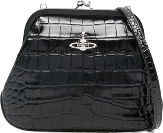 Vivienne Westwood Trapezoidal Black Crocodile-Embossed Handbag With Silver Emblem