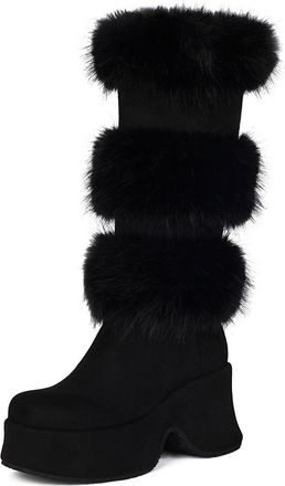 Generic Womens Wedge High Heel Platform Boots Round Toe Faux Suede Long Boots Pull on Winter Casual Boot,Black,2.5 UK